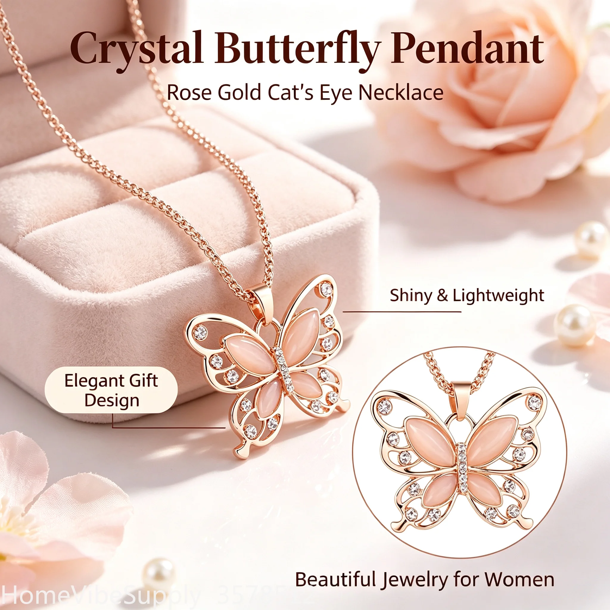 Elegant Rose Gold Butterfly Pendant Necklace, Synthetic Cubic Zirconia Inlaid Necklace, Fashion Jewelry Gift for Women Her