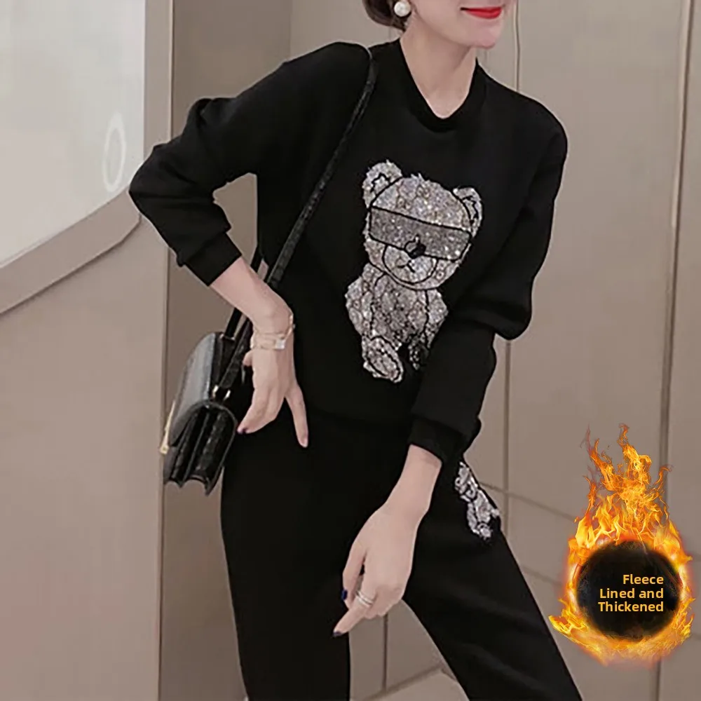 여성용 기모 안감 스웨트 셔츠 세트 스포츠 팬츠 곰 패턴 202 겨울 신상 플러스 사이즈 패션 세트