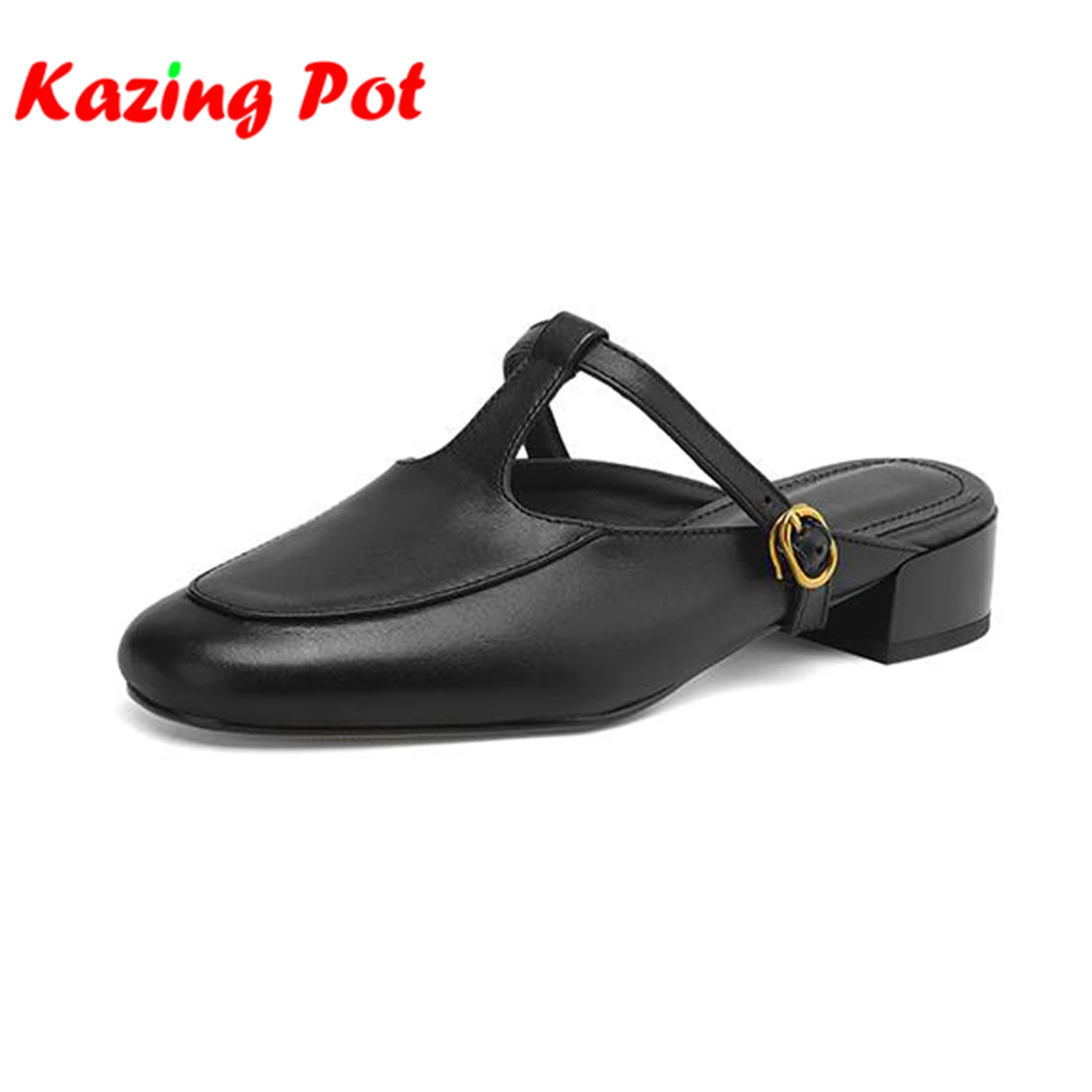 

Krazing Pot Mules Vintage Cow Skin Round Toe Summer Shoes Size 42 Women Pink Color Low Heels Retro Model Show Ins Fashion Pumps