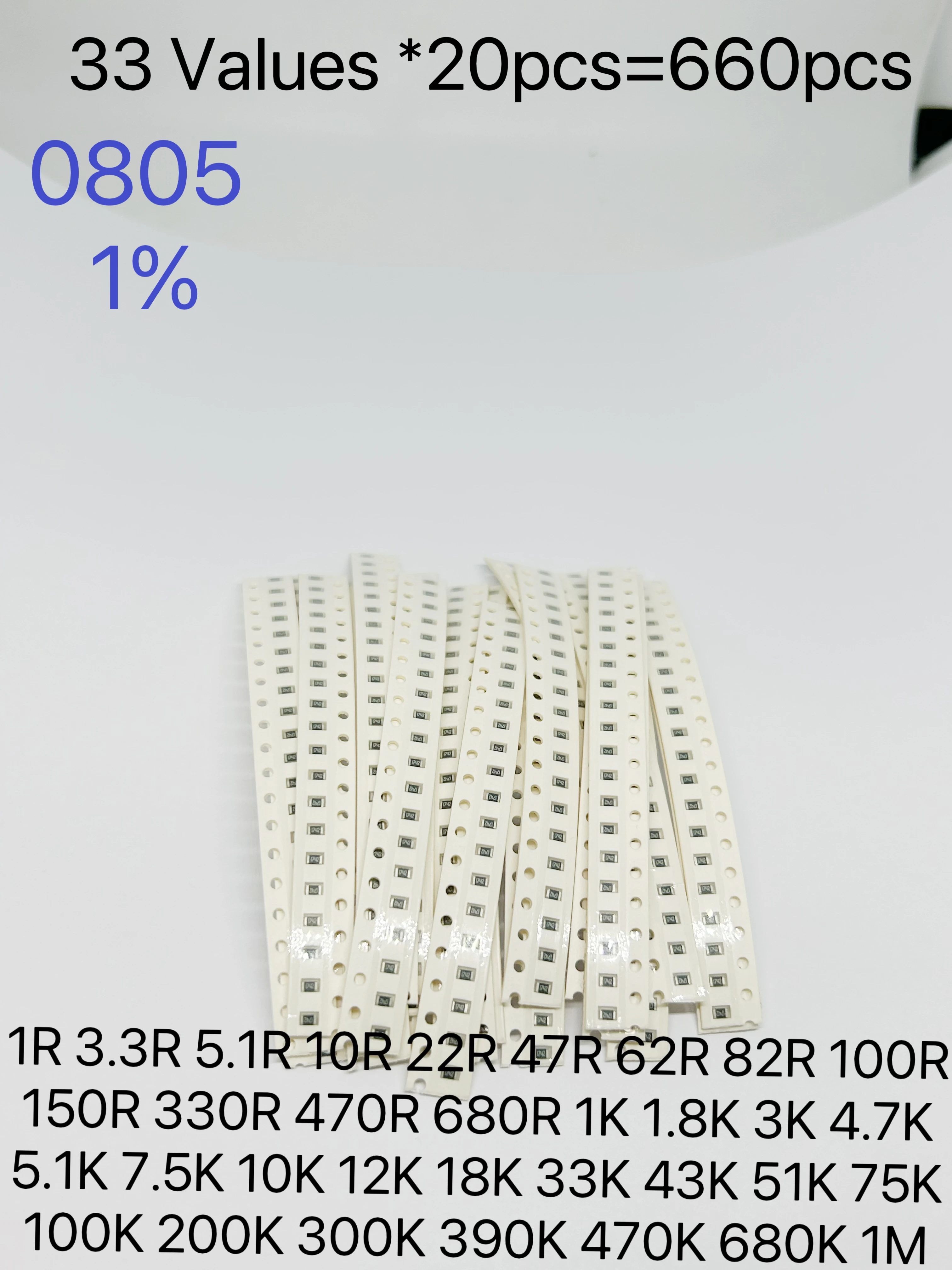 33valuesX 20pcs=660pcs 0603 0805 1206 Resistor Kit Assorted 1R To 1M Ohm 1% SMD Sample Kit DIY 3.3R 5.1R 10R 47R 62R 82R 1K 10K