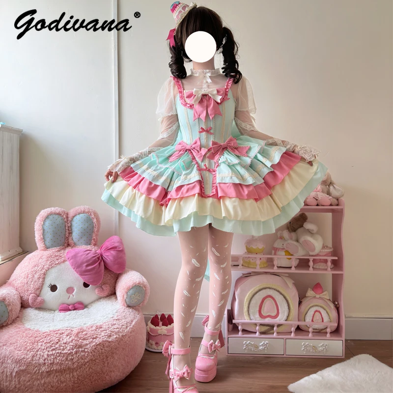 Original Design Lolita Dress Sweet Cute Girls Big Bow Jsk Suspender Dress Women Kawaii Short Ball Gown Dresses