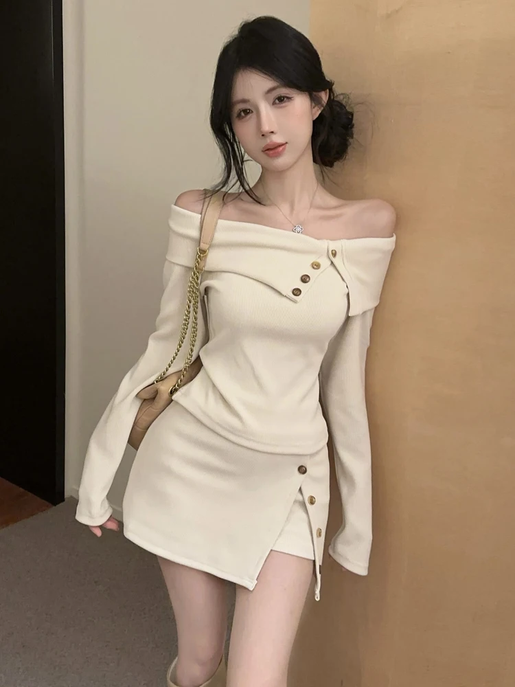 

Sexy Spicy Girl One-Shoulder Design Slim-Fit Long-Sleeve Split Wrap around Waist Skirt Pants Set Casual Wear for Young Women