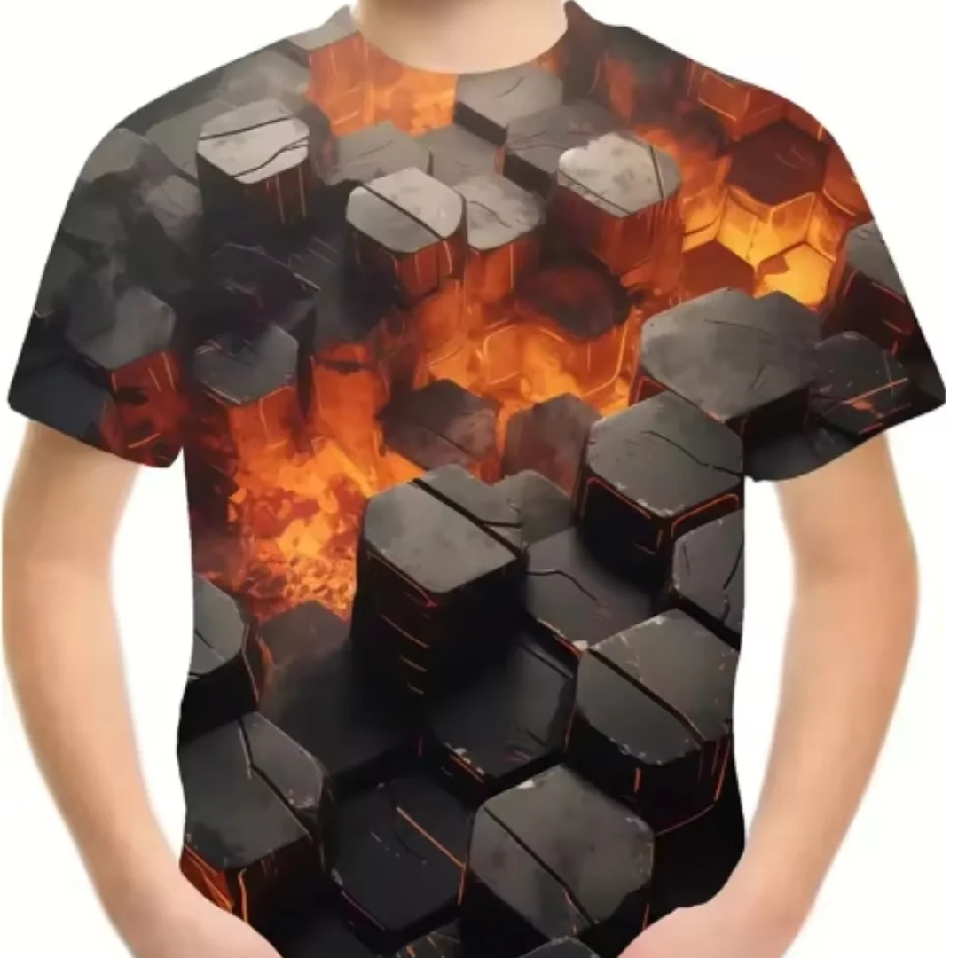 

Children's simple geometric 3D printed pattern casual short sleeved T-shirt clothing for boys, creative choice for 2025