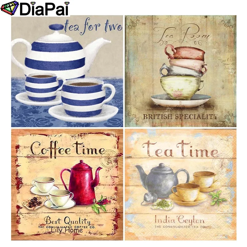 

DIAPAI Diamond Painting 5D DIY Full Square/Round Drill "Text teapot teacup scenery" 3D Embroidery Cross Stitch 5D Decor Gift