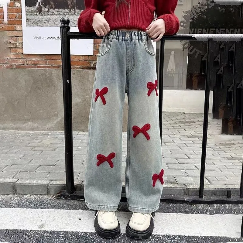 Girls Wide Leg Jeans 2026 Spring Autumn Loose Straight Denim Pants Kids Fashion Casual Long Trousers