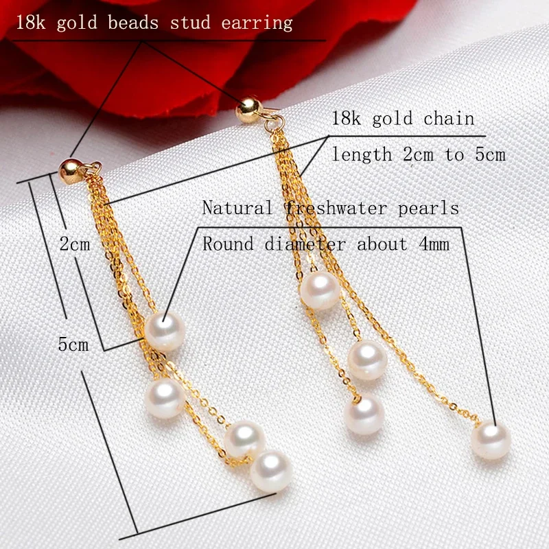 18k gold beads earring with natural round pearls tassel drop earring in Au750 gold for Women girls Mum DIY wear   E736