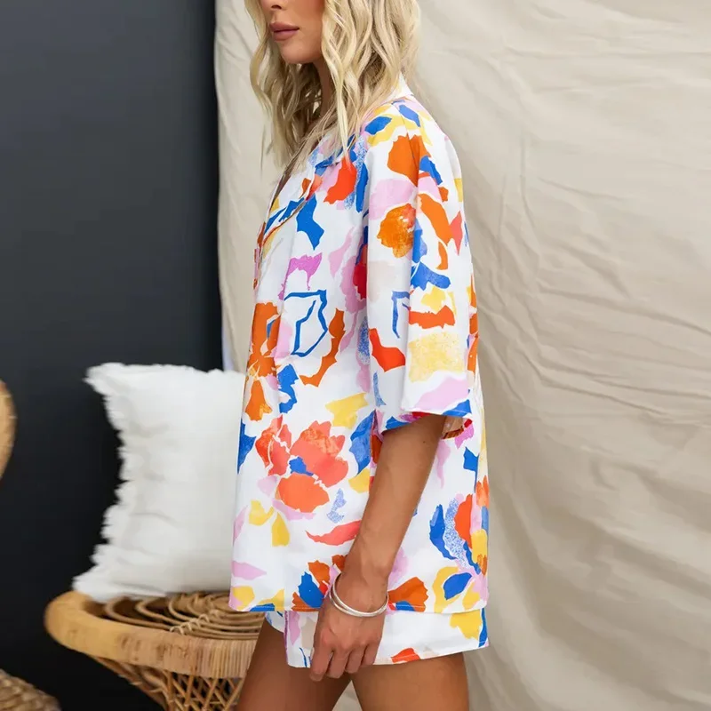 Summer Beach Holiday Tow Piece Set Women Casual Short Sleeve Flower Printed Button Shirt Cardigan Shorts Suit Female 2024