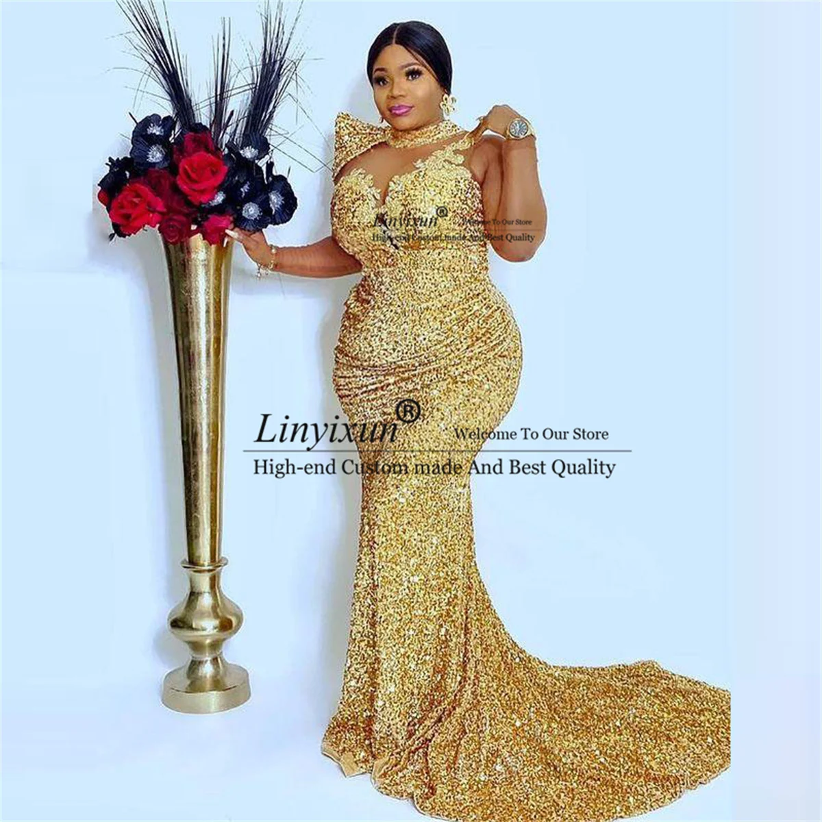 African Women Sequined Mermaid Prom Dresses Sexy Illusion Long Sleeves High Neck Appliques Evening Dreess Aso Ebi Party Gowns