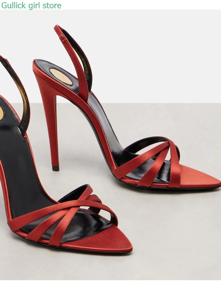 Sandalias de Satén con Tiras y Tacón de Aguja Fino, Punta Puntiaguda, Estilo Pasarela, Sexy, para Mujer, Colección Primavera Verano 2026