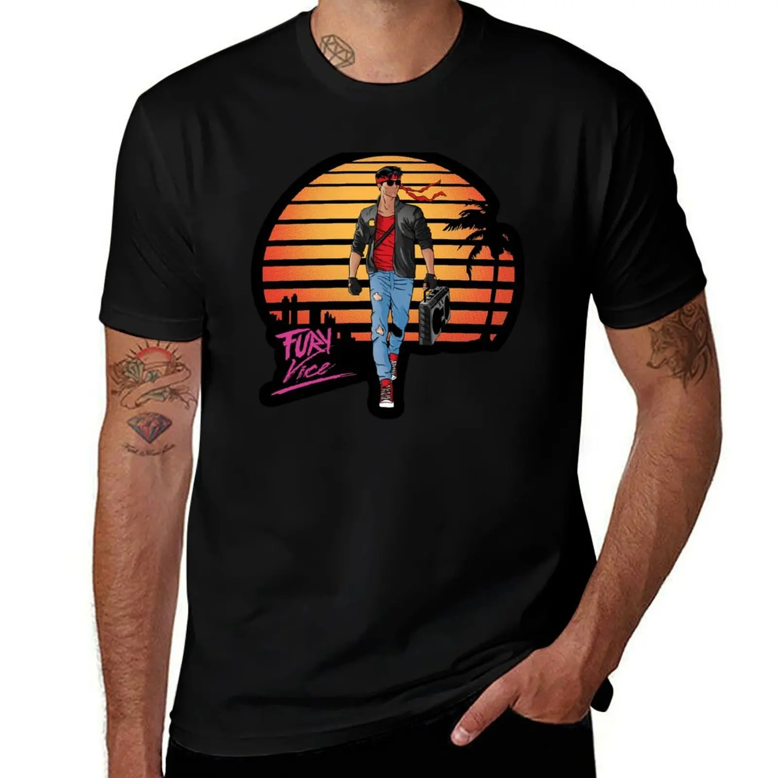 Kung Fury Vice 80S Retro Vintage Miami Lazers Boombox Kung Fu Karate white T-Shirt Large Size Soft Cotton T-Shirt