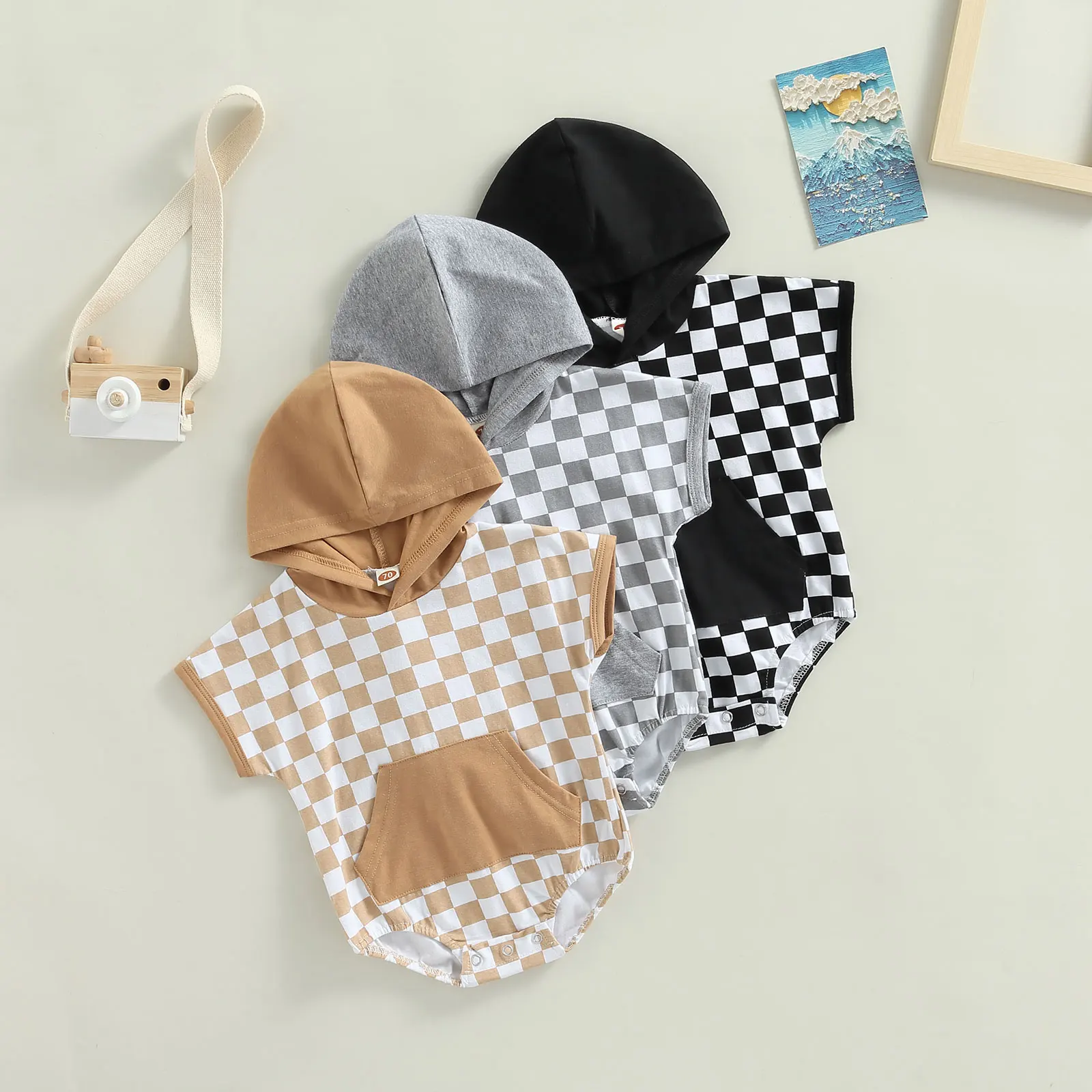 

2022-06-11 Lioraitiin 0-24M Baby Girls Boys Summer Bodysuit Short Sleeve Checkerboard Print Hooded Playsuit