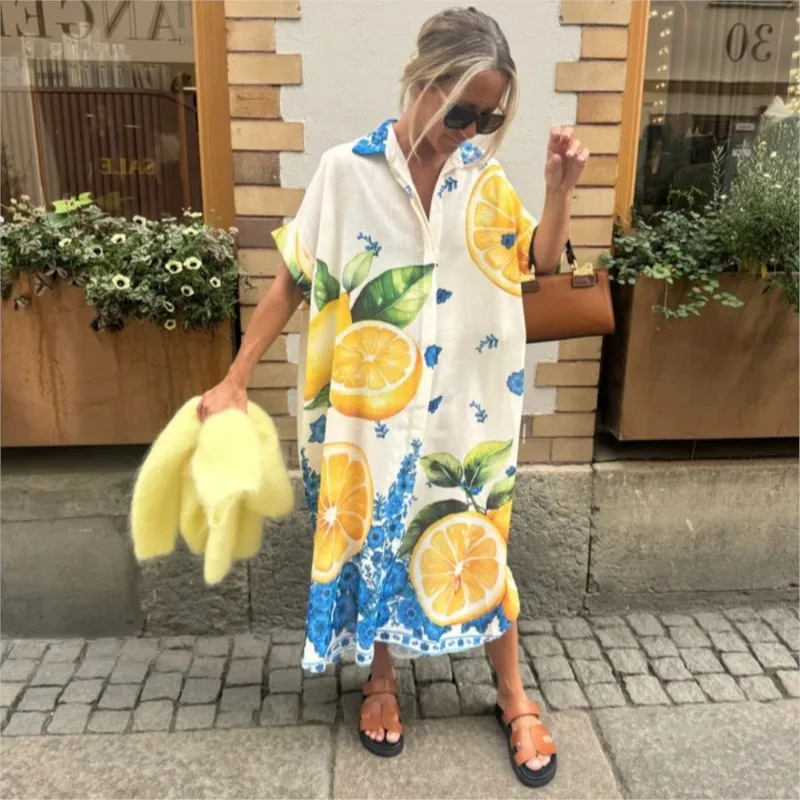 

New Print Shirt Dresses Women Fashion Short Sleeves Lapel Loose Single-breasted Shirts Long Dress Casual Lady Vacation Vestido