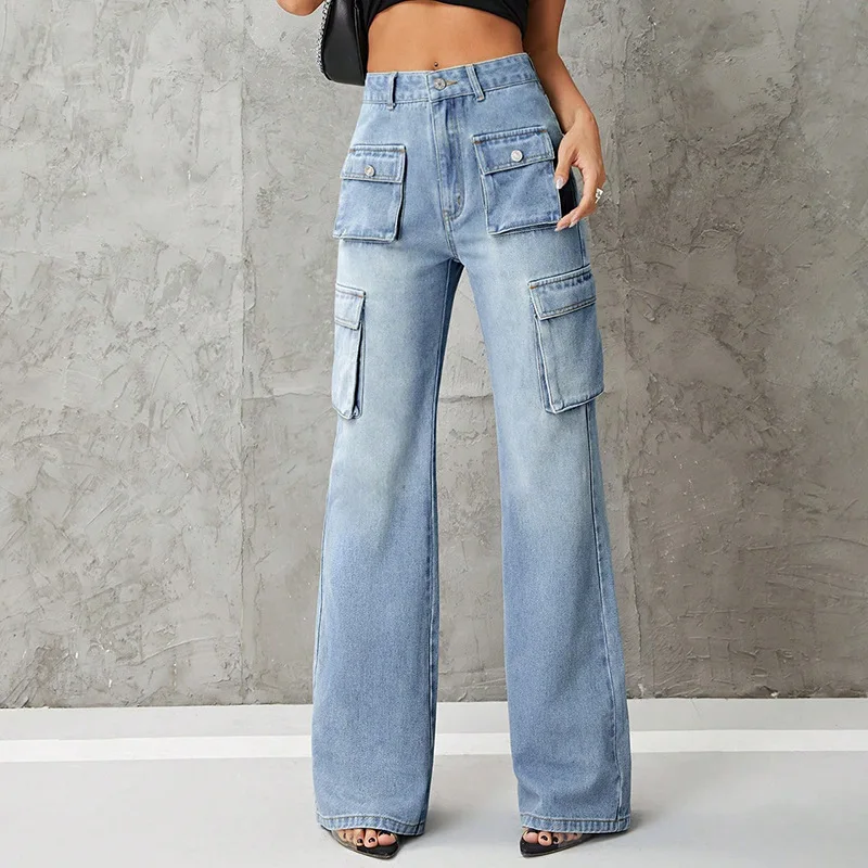 Jeans da donna pantaloni Cargo impiombati pantaloni alla caviglia in Denim vita alta lavati tasche a mosca con cerniera Vintage vestibilità ampia Streetwear