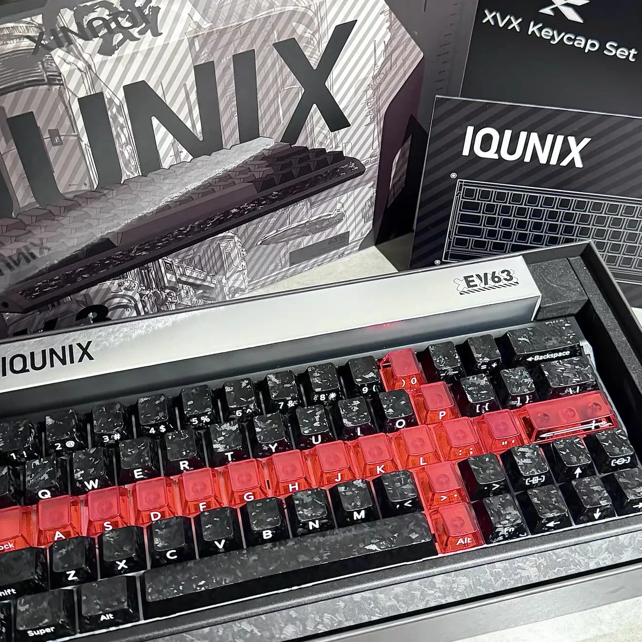 XVX carbon fiber pattern keycaps with forged carbon texture, side-engraved with transparent light-through effect