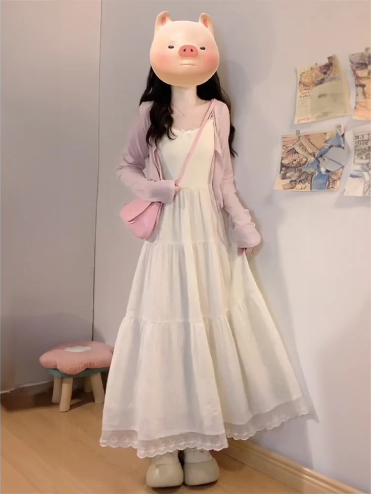 

Lightweight Knitted White Strap Dress Pink Open Cardigan Two-Piece Set Early Autumn Gentle Style Fashionable Women's Ensemble