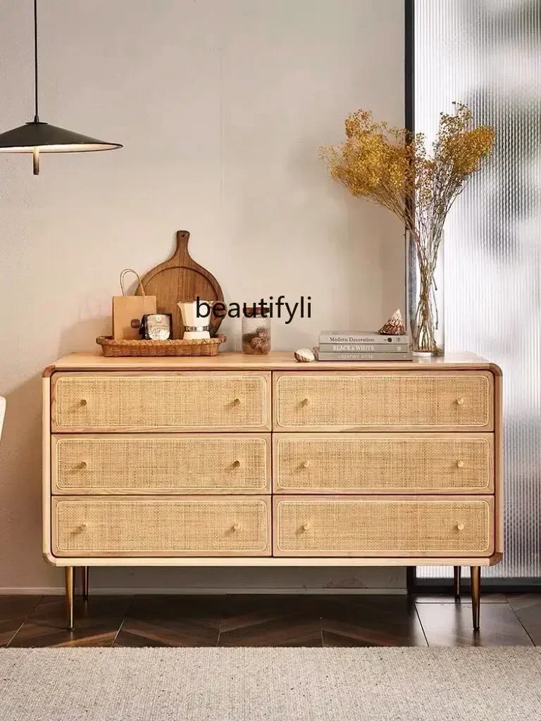 

Nordic Solid Wood Rattan Chest of Drawers Storage Cabinet Household Sideboard Cabinet Locker Entrance Cabinet