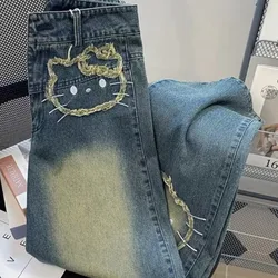 Streetwear Fashion Embroidered Hello Kitty Wide Legged Jeans Women's Old High Waist Draping Loose Covering Meat Straight Pants