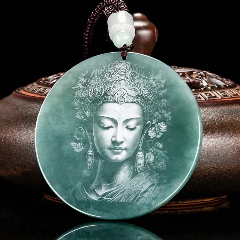 Natural A-grade Jade Blue Water Shadow Sculpture Buddha Statue Guanyin Bodhisattva Ice Seed Jade Pendant For Men Women's Jewelry