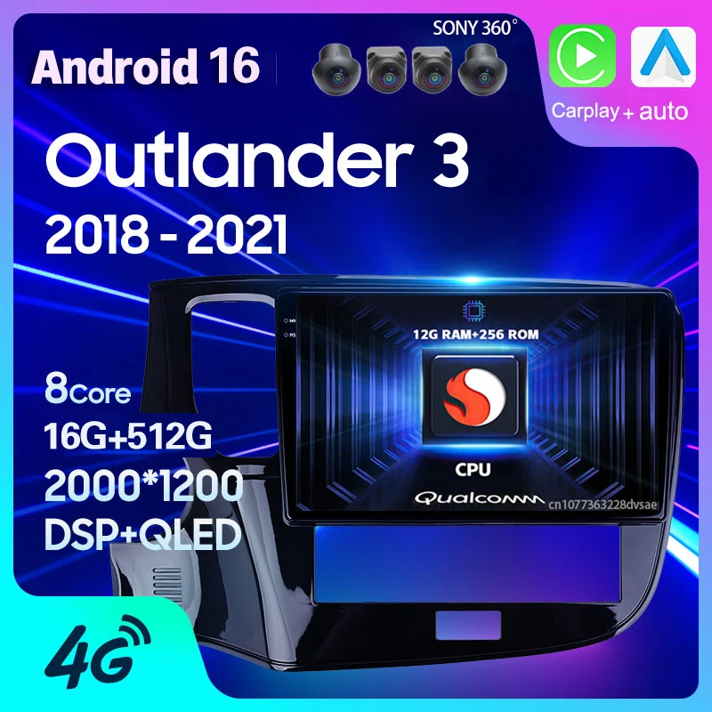Android 16 para Mitsubishi Outlander 3 III GF0W GG0W 2018 - 2021 Carplay Auto Cámara 360 GPS Reproductor Multimedia 2 Din Video Estéreo