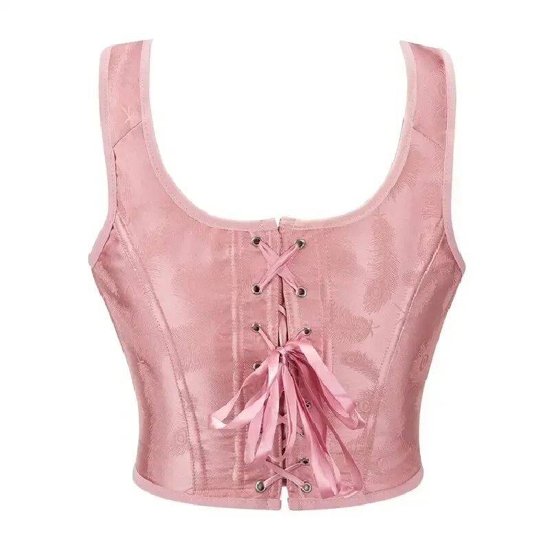 Pink Corset Crop Top Lace-Up Women Summer Vintage Lace Up Camisole Bow Bandage Tank Body Shaper Tops