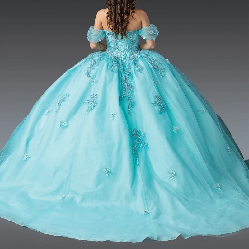 Vestidos De quinceañera azul claro personalizados, Vestido De baile con hombros descubiertos, apliques De encaje, cuentas De tul, fiesta De cumpleaños, dulce 16