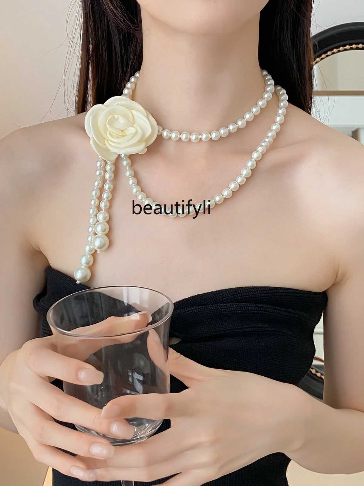 Vintage Glass Pearl Gradient Size Multiple Wearing Methods High-Grade Rose Necklace Can Be Used as Waist Chain