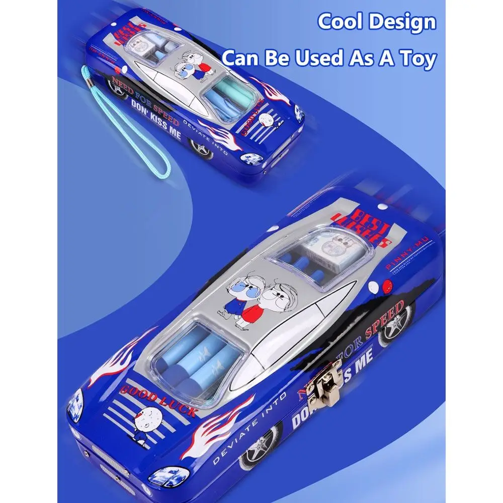 New Pen Bag Cartoon Metal Pencil Case With Lock Car Shape Pen Box Multi-functional Three Layers Pen Bag Back To School Gift