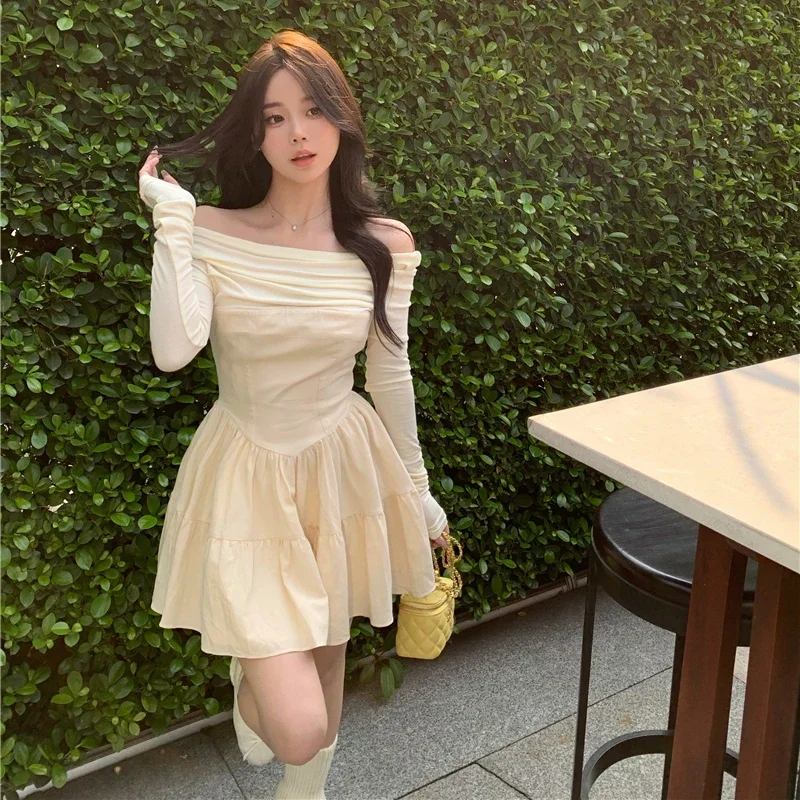 Dresses for Women Solid Elegant Fashion Folds French Style Long Sleeve Mini Dress Temperament Ulzzang Streetwear Vestidos Chic