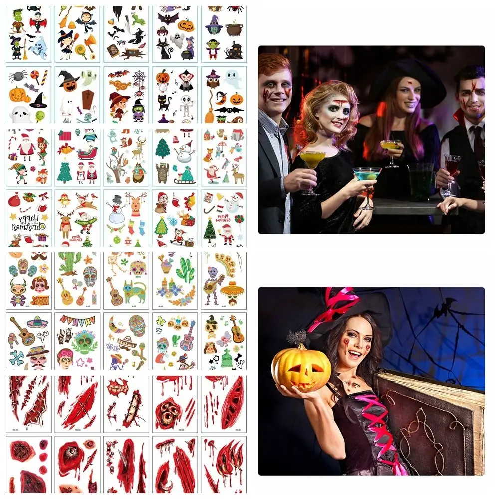 10 Sheets/Set Scar Spider Design Halloween Temporary Tattoos Lifelike Face Patch Halloween Body Art Stickers Waterproof DIY