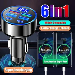 DC12-24V 6 in 1 Car Charger with Digital Display Cell Phone Fast Charging Adapter for Apple Xiaomi Samsung Huawei Auto Parts