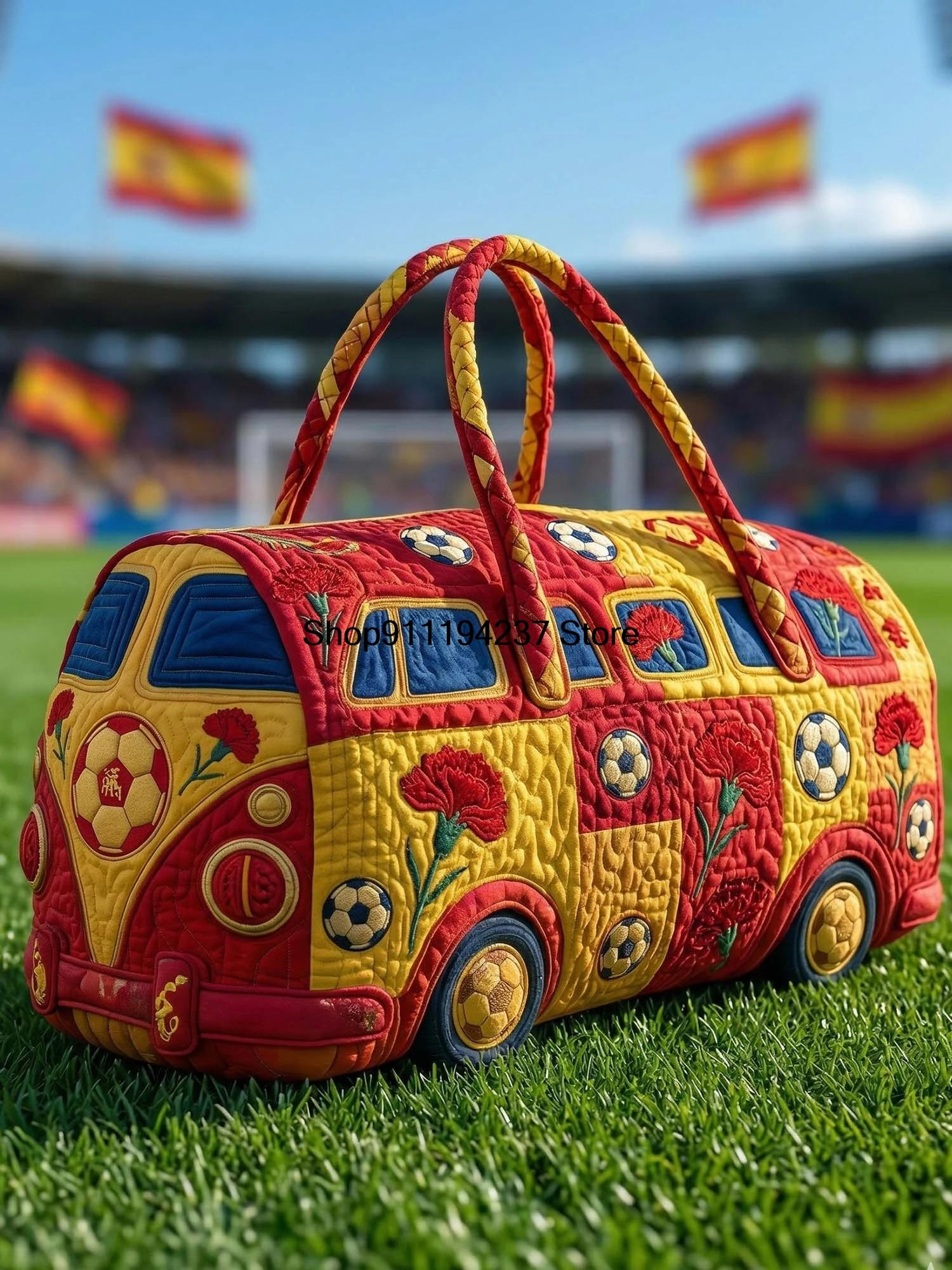 2026 Spain-Inspired Football Pattern Quilted Duffle Bag Vintage Floral Travel Weekender Bag Gym Bags