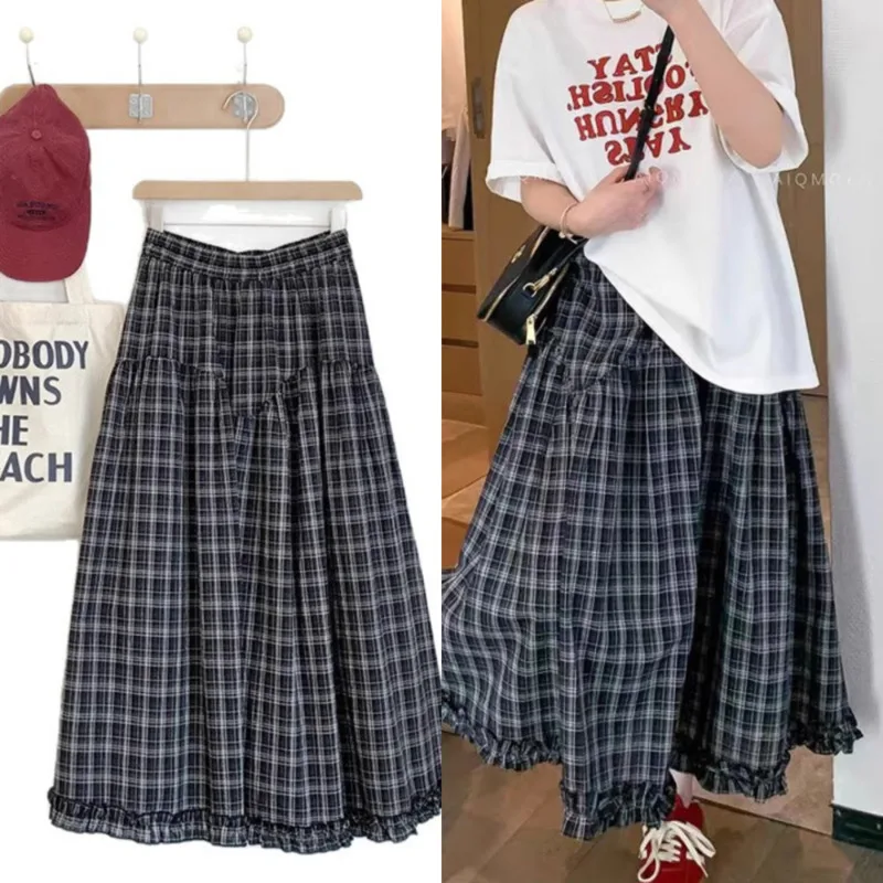 

Checkered Dresses Skirt Women Summer Y2K Korean Retro Lace Checkered Cake Skirt Meat Covering Half Length Skirt A-line Skirt New