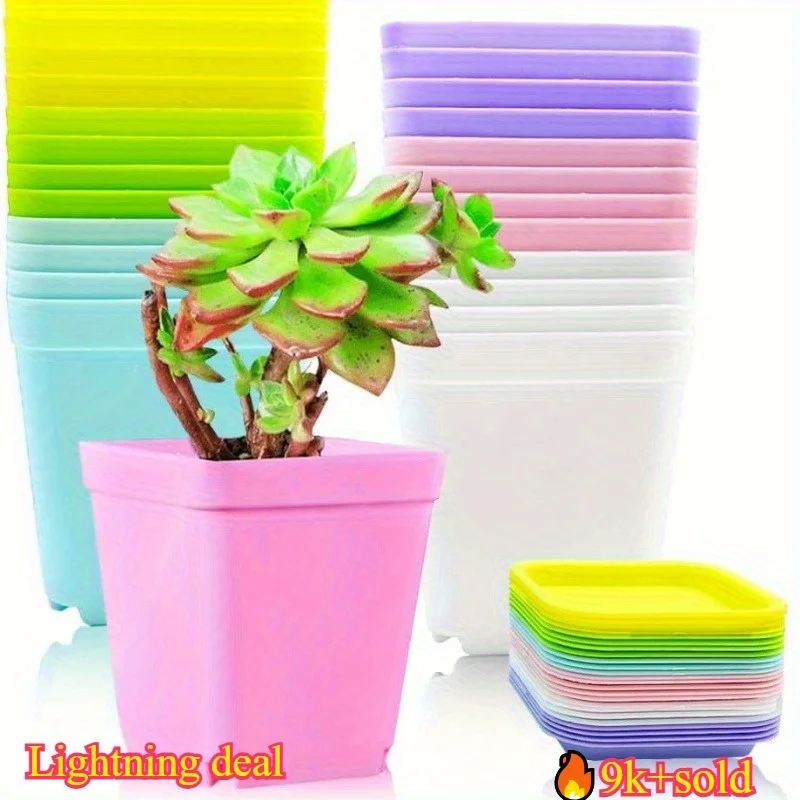 14/20/42 Piece Set of Colorful Flower Pots, Square Plastic Flower Pots with Trays, Succulent Plant Flower Pots, Colors Are Free