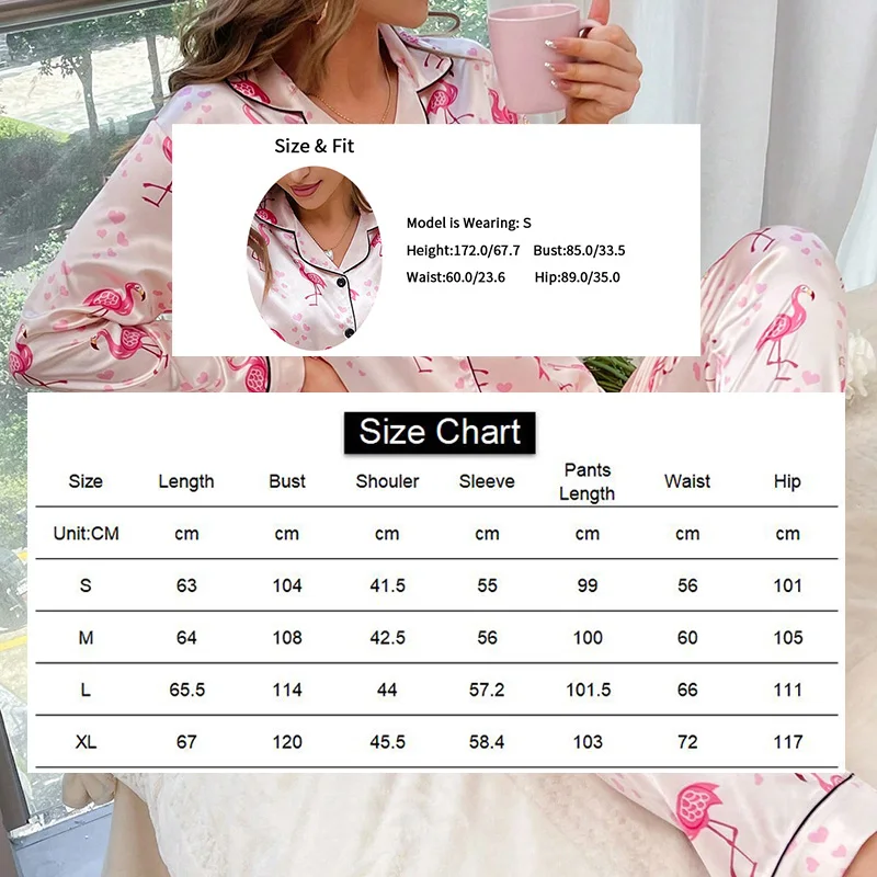 Women\'s Satin Pajamas Sleepwear Autumn Heart Print Long Sleeve Tops & Pants Pajama 2 Piece Sets  Home Clothe Pyjama Pijama Femme