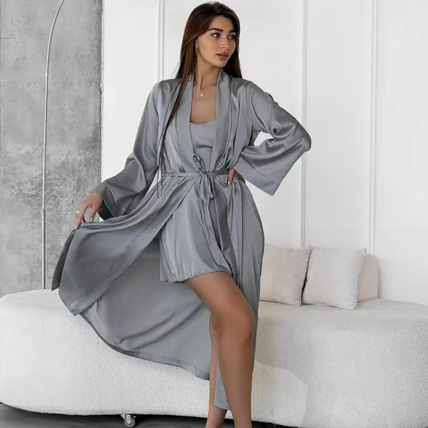 

Удобный свободный халат Sp Dr, комплект из двух предметов, домашняя одежда, длинный рукав, простой дизайн для молодых женщин, цвет