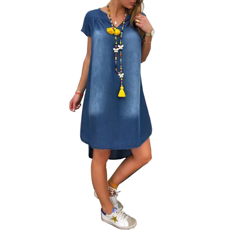 

Women Summer Fashion Loose Denim A-line Dress V-neck Pullover Short Sleeve Loose Retro Dress Casual Denim Dress