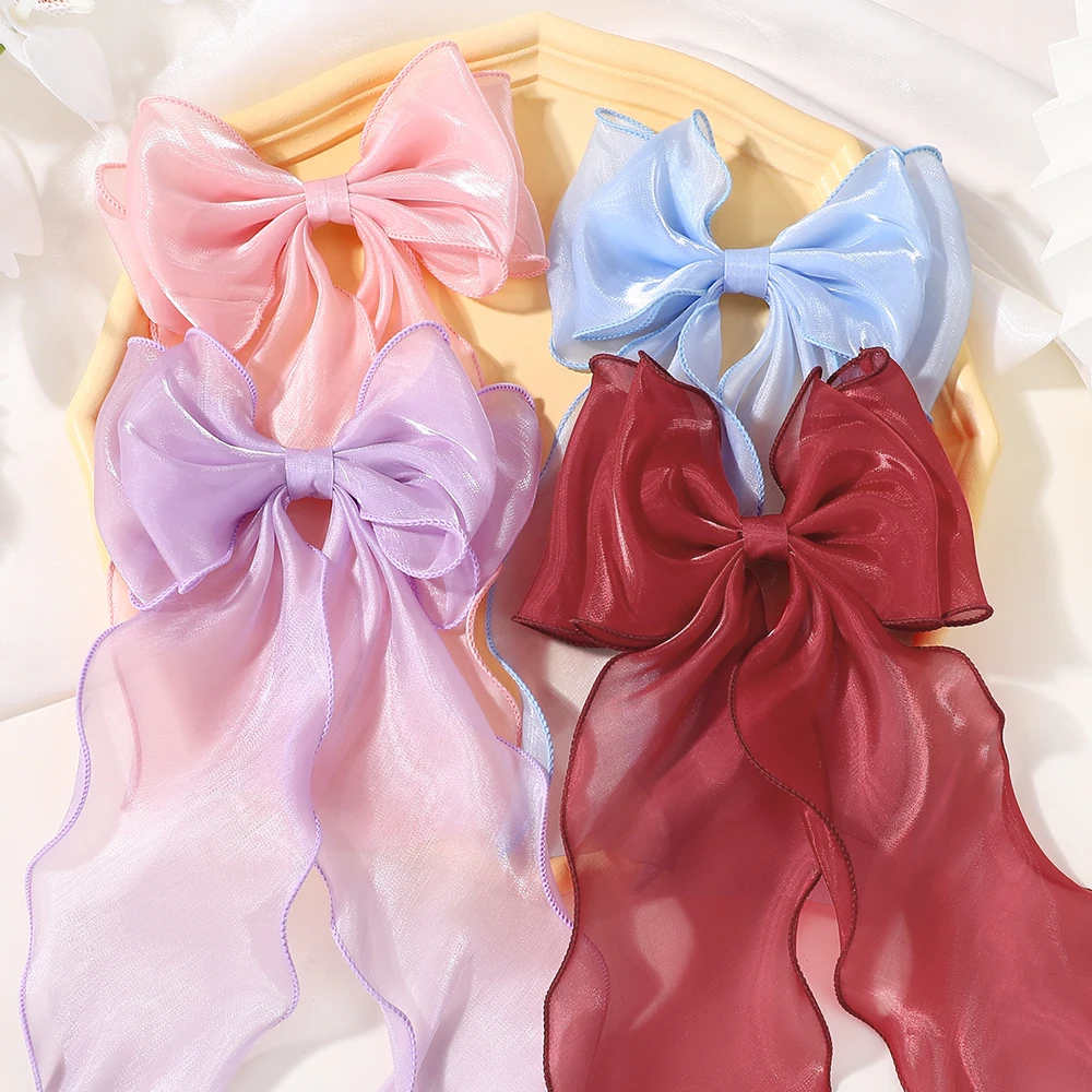 

Sweet Chiffon Bow Hair Clips Girls Blue Shining Satin Bowknot Hair Clips Ribbon Bow Barrette Hairpin Grip Ponytail Clip Headwear
