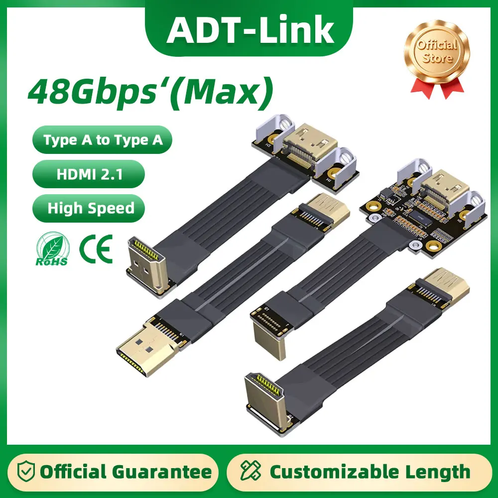 

ADT A-Type HD2.1 Male to Female Video Extension Cable Built-In Flat Ribbon 2K/240Hz 4K/144Hz FPC FPV GPU V2.1/2.0 Audio Extender