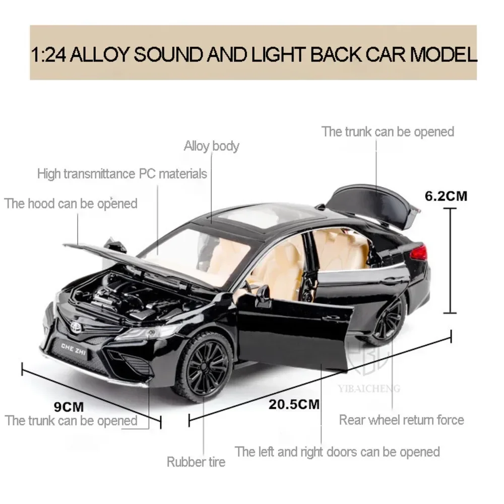 1:24 Toyota Camry Modello di auto in lega Giocattoli in metallo pressofuso Veicolo in miniatura Suono Luce Tirare indietro Porte aperte Toy Boy Regali di compleanno