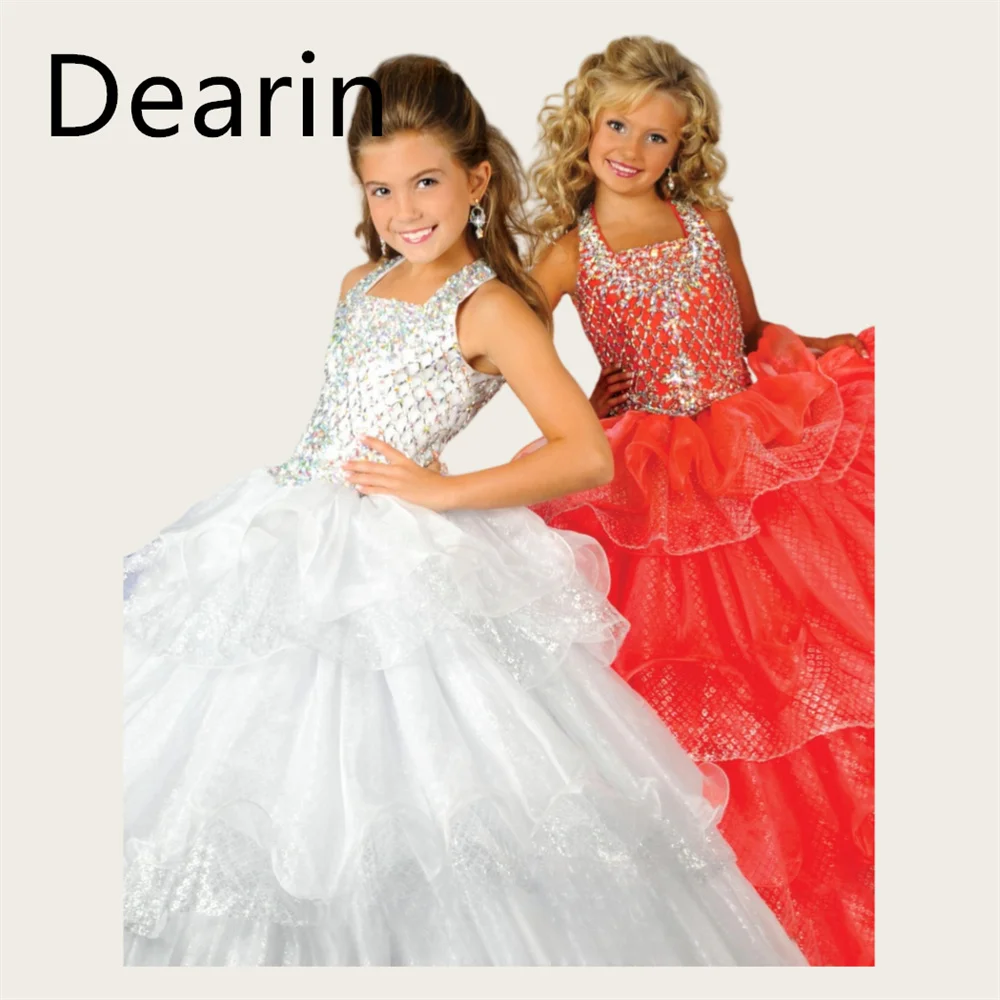 

Customized Flower Girl Dress Dearin Shoulder Girdle A-line Floor Length Skirts Sequin Tulle Dresses