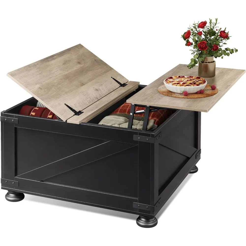 

Журнальный столик с подъемным верхом в фермерском доме и местом для хранения вещей, квадратный центральный стол 31,5 дюйма, откидное со скрытым отделением, журнальный столик из древесины f