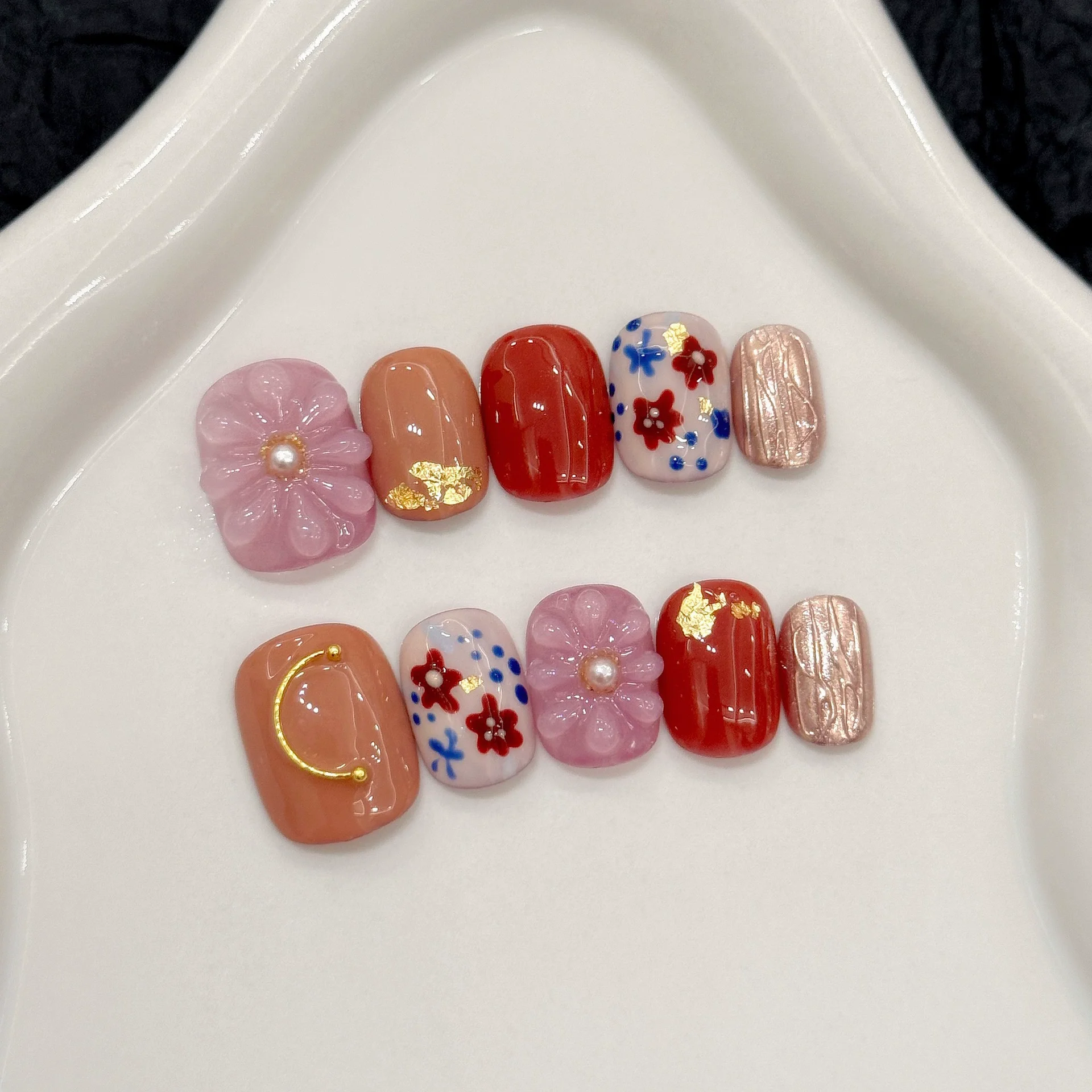 10Pcs 3D Flower Handmade Press on Nails Retro Fake Nails Wearable Stick-on Nails False Nail Uñas Postizas Накладные Ногти 네일팁