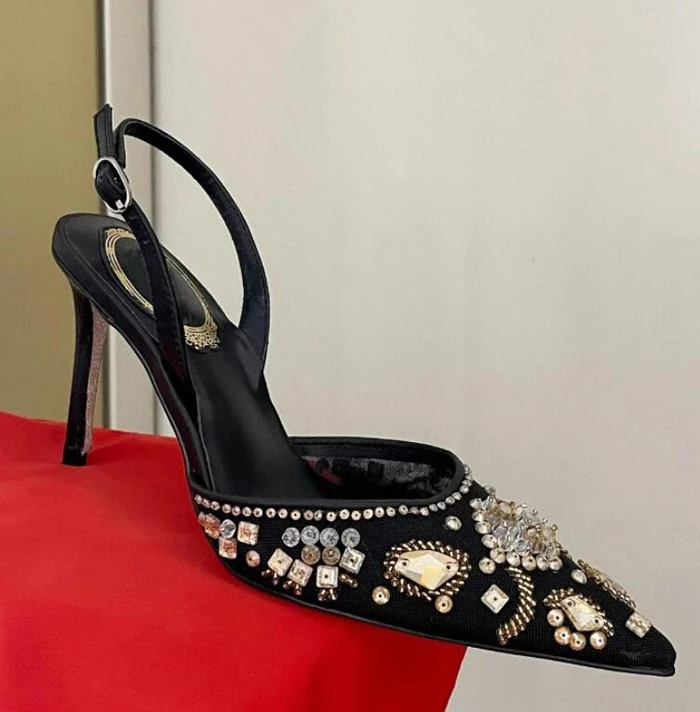 

White Black Beading Rhinestone Flower Slingbacks Sandals Stiletto Heels Back Strap Pointed Toe Woman Crystal Bling Wedding Shoes