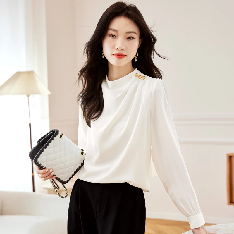 Fashion Long Sleeve Blouse Women Stand Collar White Chiffon Blouse Shirt Women Tops Blouses Blusas Mujer De Moda 2024 Blusa H86