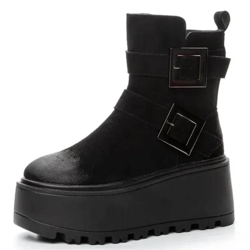 

8CM New Genuine Leather Motprcycle Boots Fashion Autumn Spring British Ankle Boots ZIP Platform Wedge Winter Warm Women Shoes