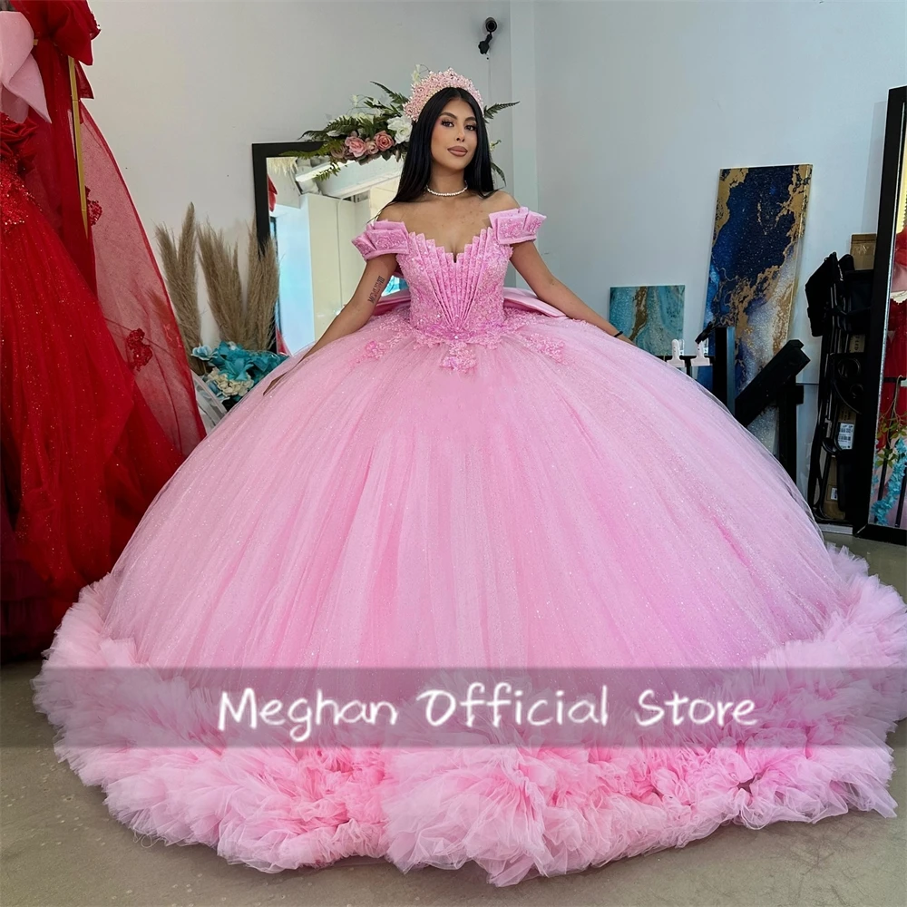 Vestido de quinceañera rosa de México con hombros descubiertos, vestido de baile con apliques de cuentas, vestido de lujo de cumpleaños, vestido de princesa plisado con volantes, 2024