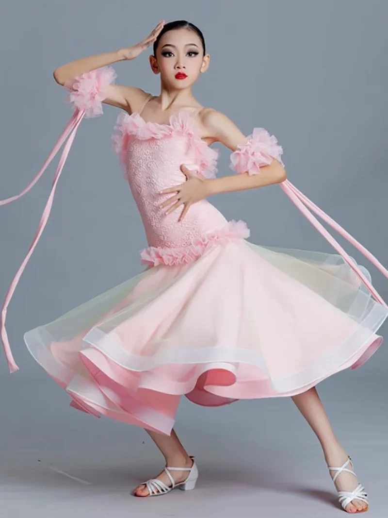 Kinder Mädchen Walzer Tango Ballsaal Tanzkleidung Professionelle Spaghettiträger Chiffon Kleider Große Fischgrätenröcke Moderne Kostüme