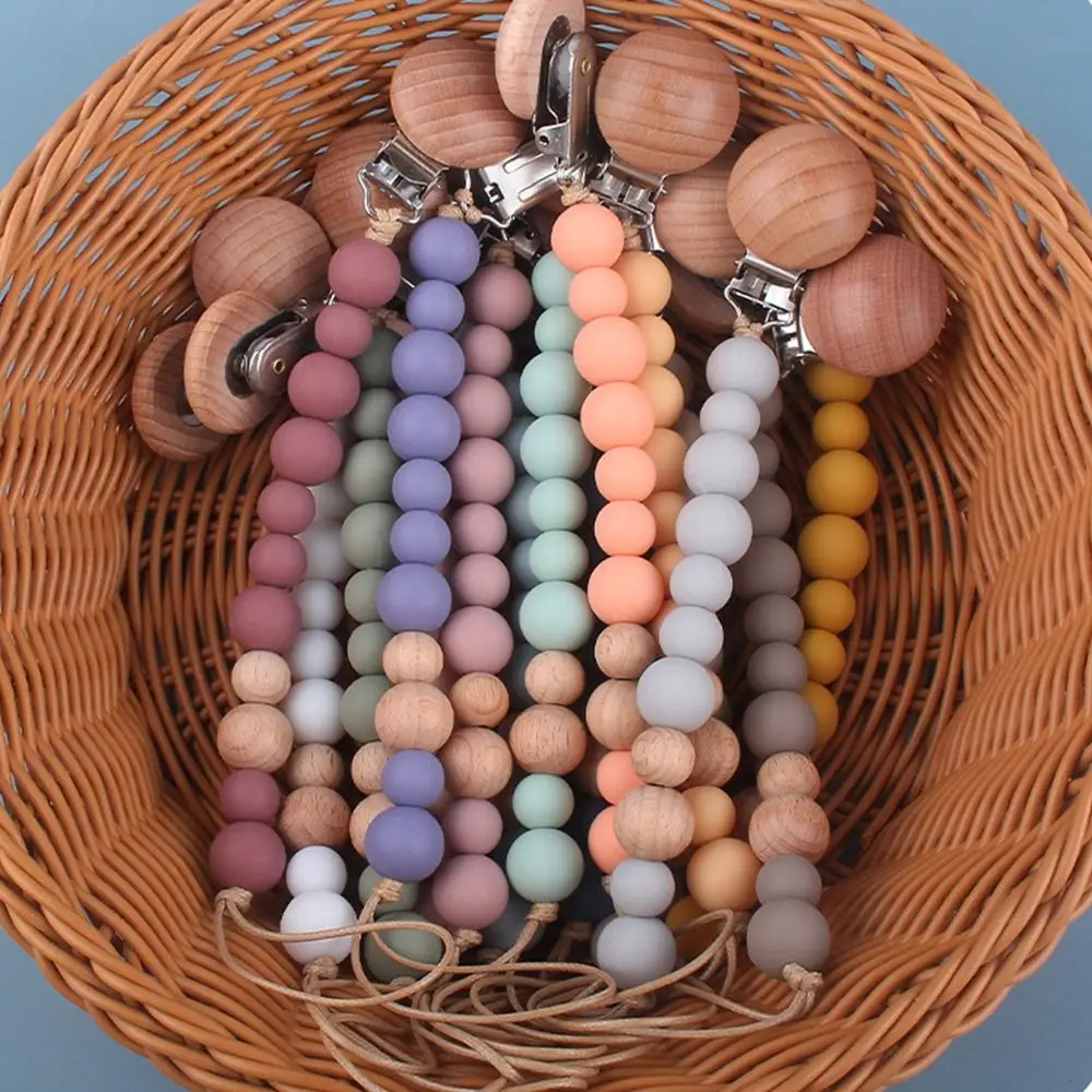 

Dummy Clips Pacifier Holder Clips Wooden Bead Round Baby Pacifier Chain Soother Holder Nipple Holder Clips