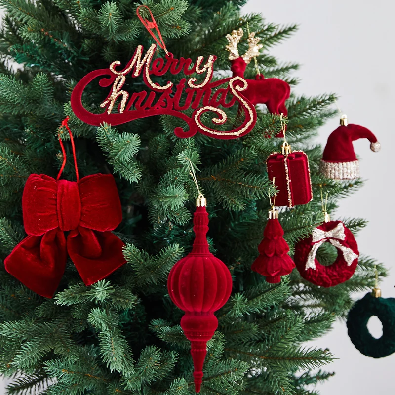 

New Christmas Decoration Flocking Ball Burgundy Creative Cone Pendant Christmas Tree Decoration Festive Atmosphere Pendant 2025