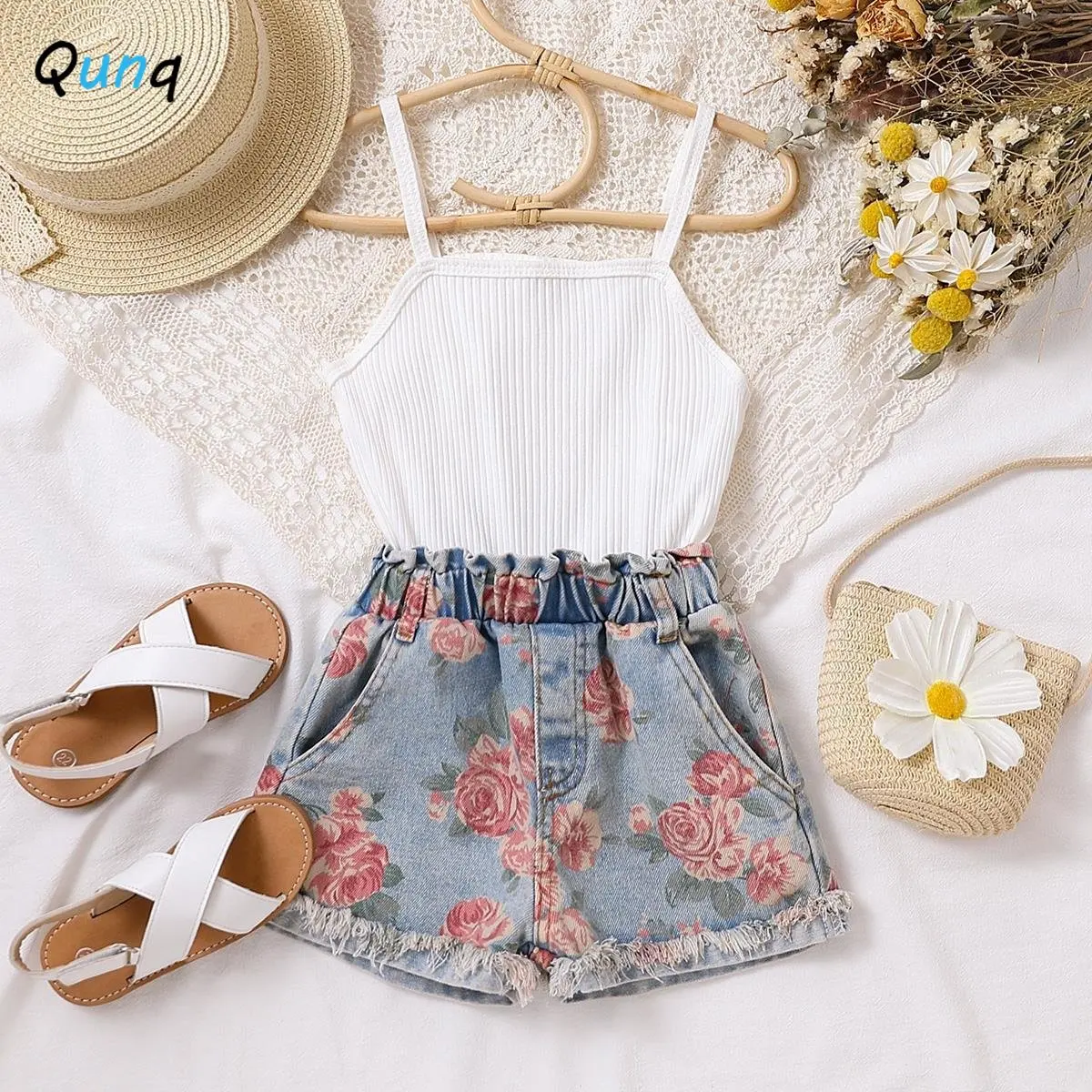 Qunq 2023 Summer New Girls Solid Sleeveless Lovely Sling Top + Print Denim Shorts 2 Pieces Set Casual Kids Clothes Age 3T-8T